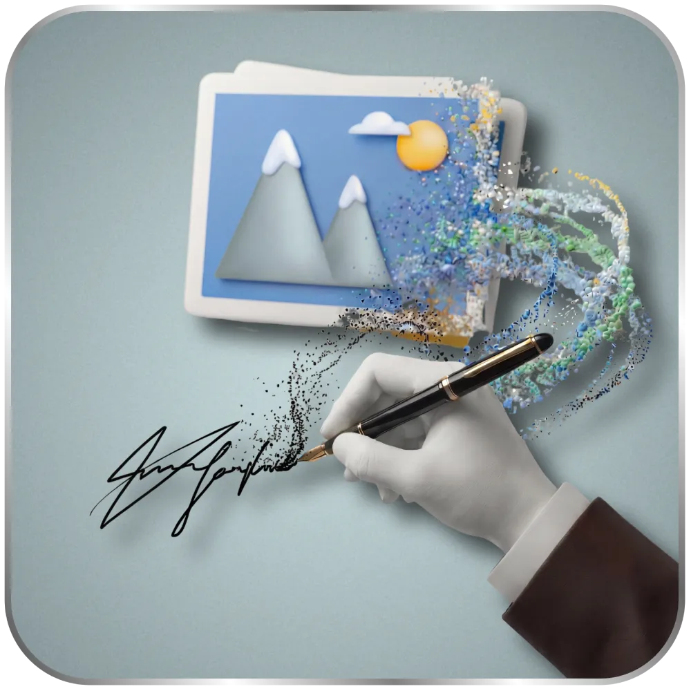 Signature se transformant en images représentant la création de contenus photo et vidéo avec Thousand Cuts Studio